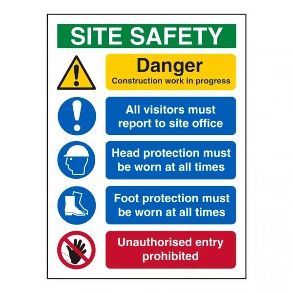 construction safety sign with site safety graphic & supporting text